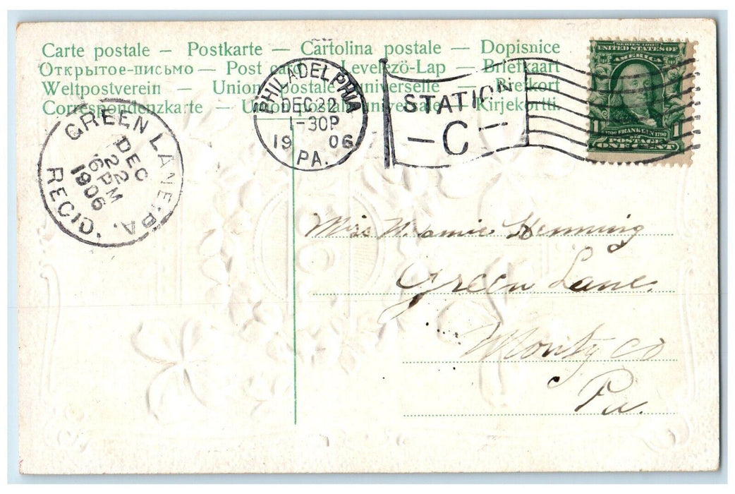 1906 Happy New Year Flowers Shamrock Embossed Philadelphia PA Antique Postcard