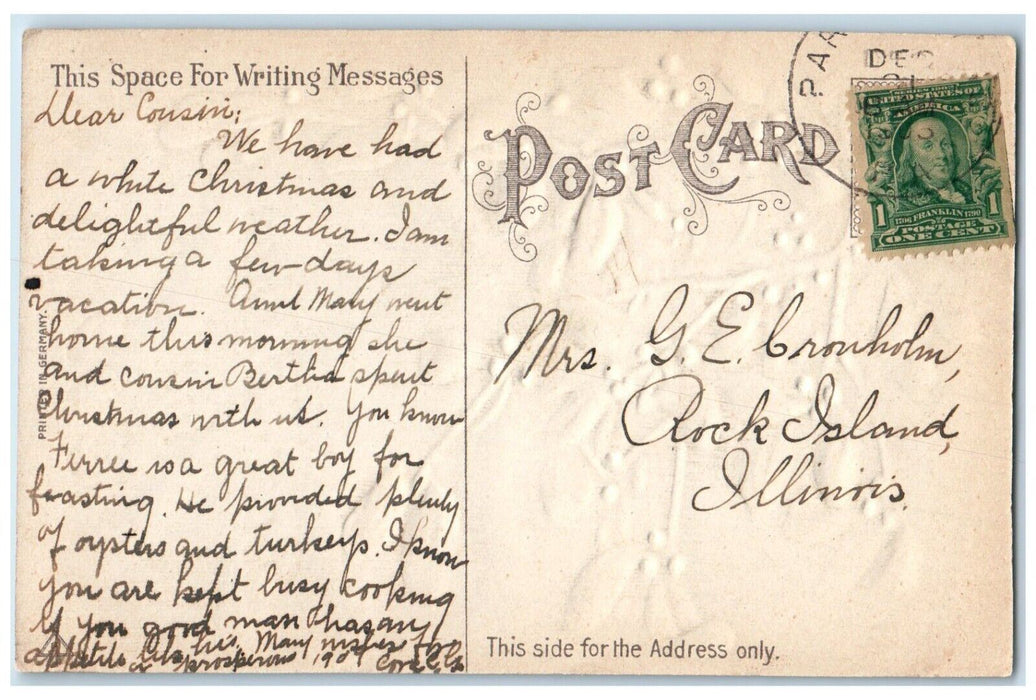 1909 Best Wishes Mistletoe Embossed Rock Island Illinois IL Antique Postcard