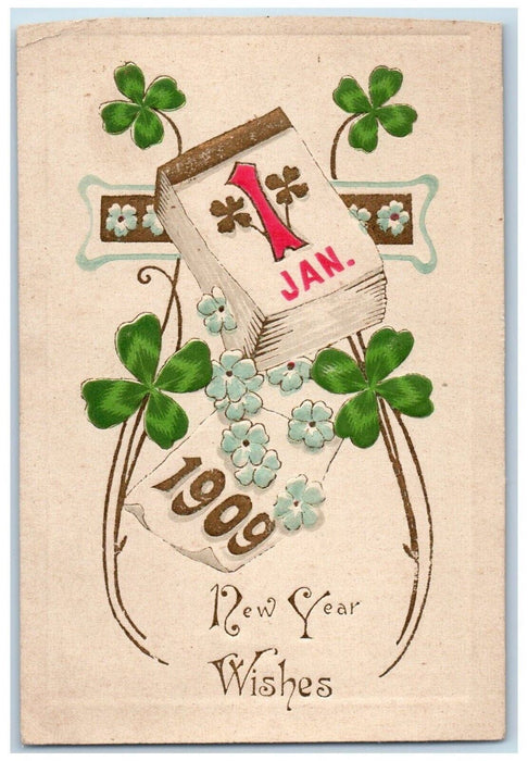 1909 New Year Wishes Calendar Flowers Shamrock Embarrass WI Antique Postcard