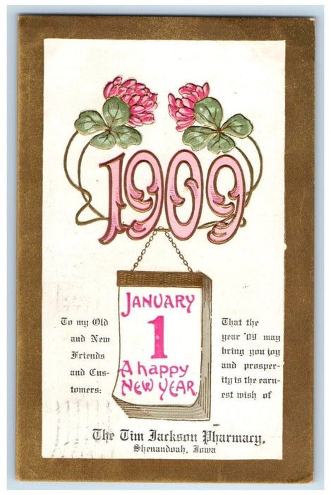 1909 Happy New Year Calendar Shamrock Flowers Shenandoah IA Antique Postcard