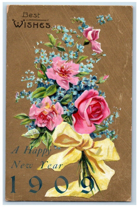 1909 New Year Best Wishes Pansies Roses Flowers Ribbon Embossed Antique Postcard