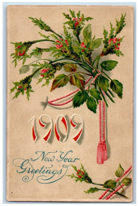 1909 New Year Best Greetings Flowers Yarn Embossed Hamlin WV Antique Postcard