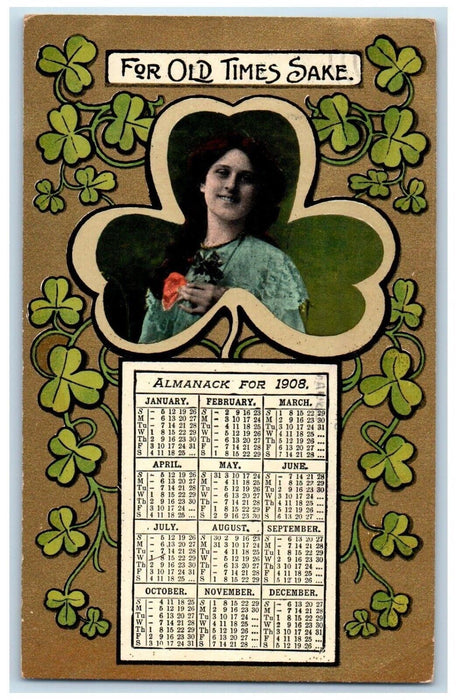 1908 Woman Shamrock For Old Time Sake Calendar Bamford PA Antique Postcard