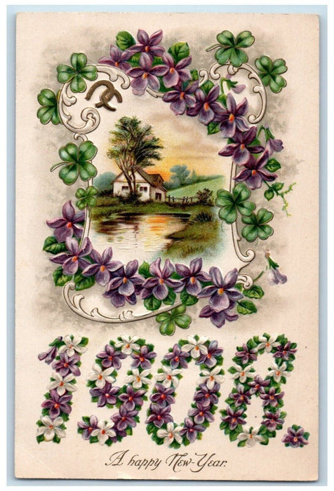 1908 Happy New Year Flowers Shamrock House Horseshoe Embossed Antique Postcard