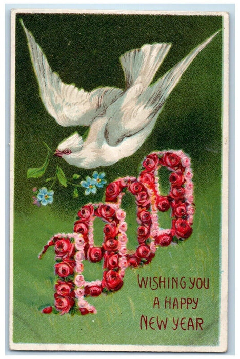 1909 Happy New Year Covered Roses Flowers Dove Embossed Antique Postcard