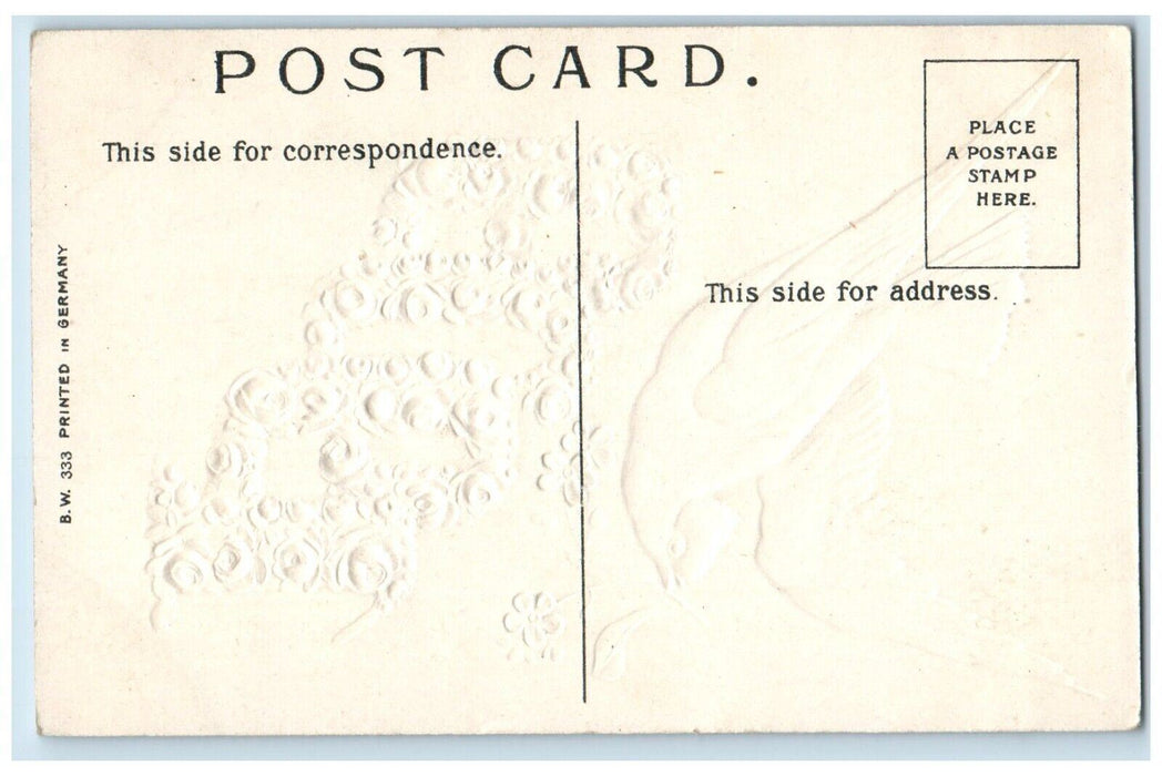 1909 Happy New Year Covered Roses Flowers Dove Embossed Antique Postcard