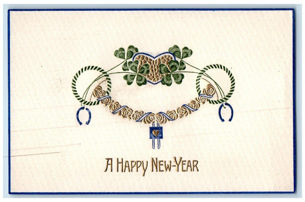 c1910's Happy New Year Horseshoe Shamrock Flowers Embossed Antique Postcard