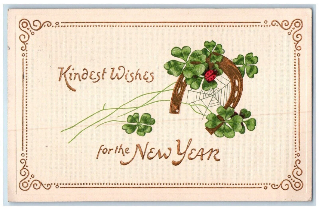 1913 New Year Horseshoe Shamrock Lady Bug Embossed Posted Antique Postcard