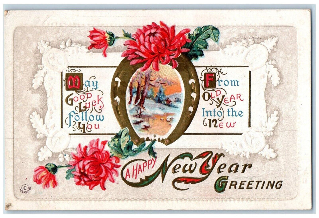 1913 New Year Greeting Horseshoe Flowers Embossed New Castle IN Antique Postcard