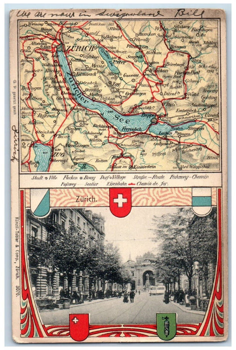 1906 Map of Places in Zurich Switzerland Kunzil-Tobler & Comp Postcard