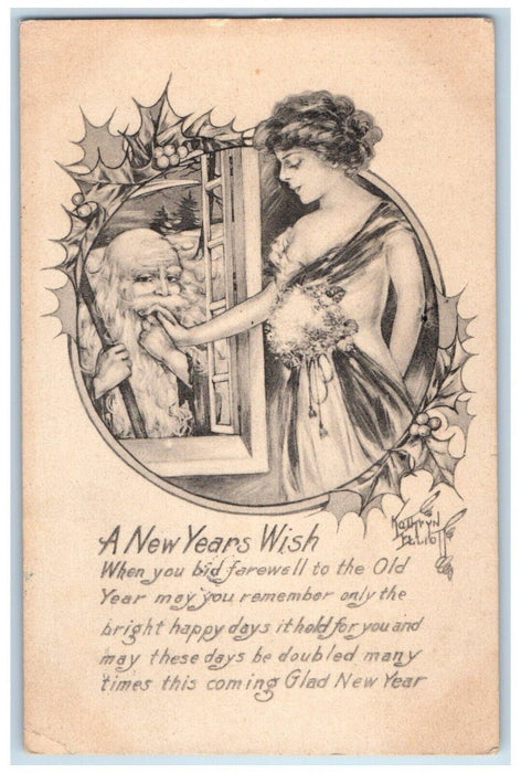 1913 New Year Wish Father Time Holly Berries Gibson Cleburn Texas TX Postcard