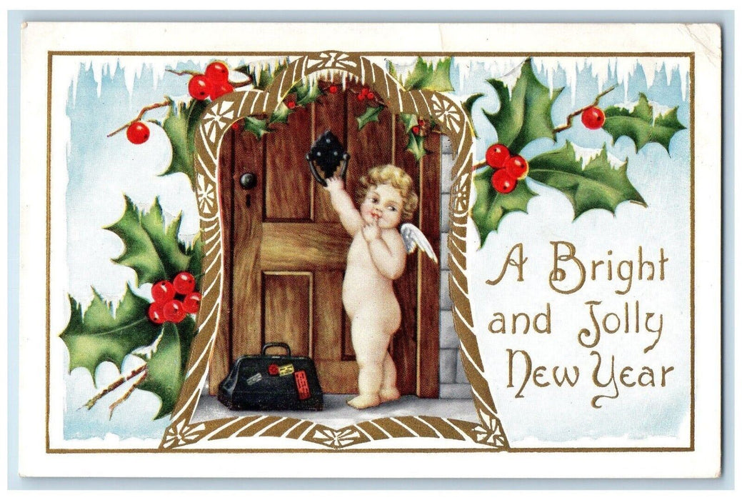 c1910's New Year Angel Bare Butt Knocking Door Holly Berries Antique Postcard