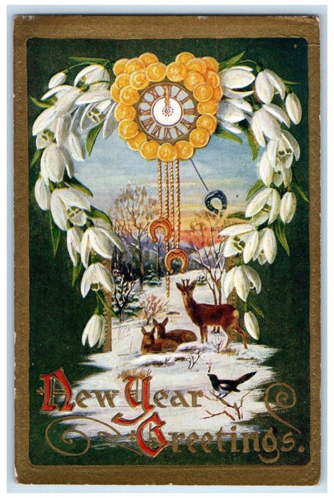 c1910's New Year Greetings Clock Flowers Deer Bird Embossed Antique Postcard