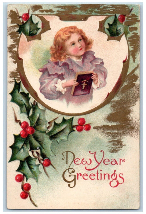 1912 New Year Greetings Girl Book Holly Berries Embossed Nash Antique Postcard