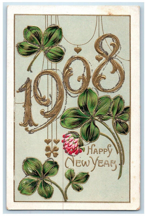 1908 Happy New Year Shamrock Flowers Embossed Glitter Posted Antique Postcard