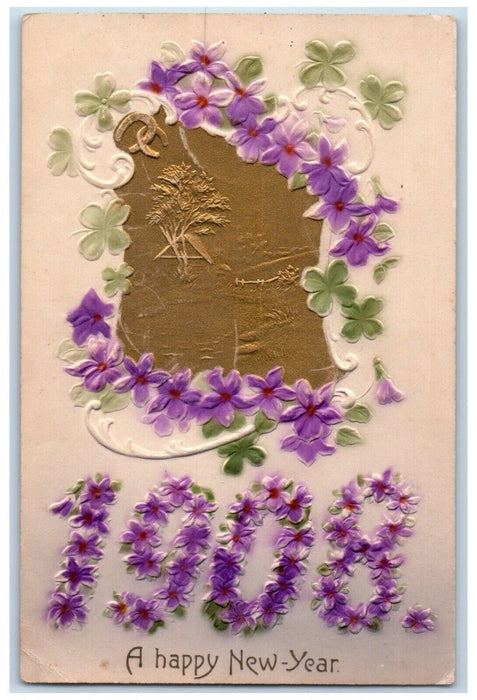 1908 Happy New Year Flowers Shamrock Horseshoe Embossed Antique Postcard