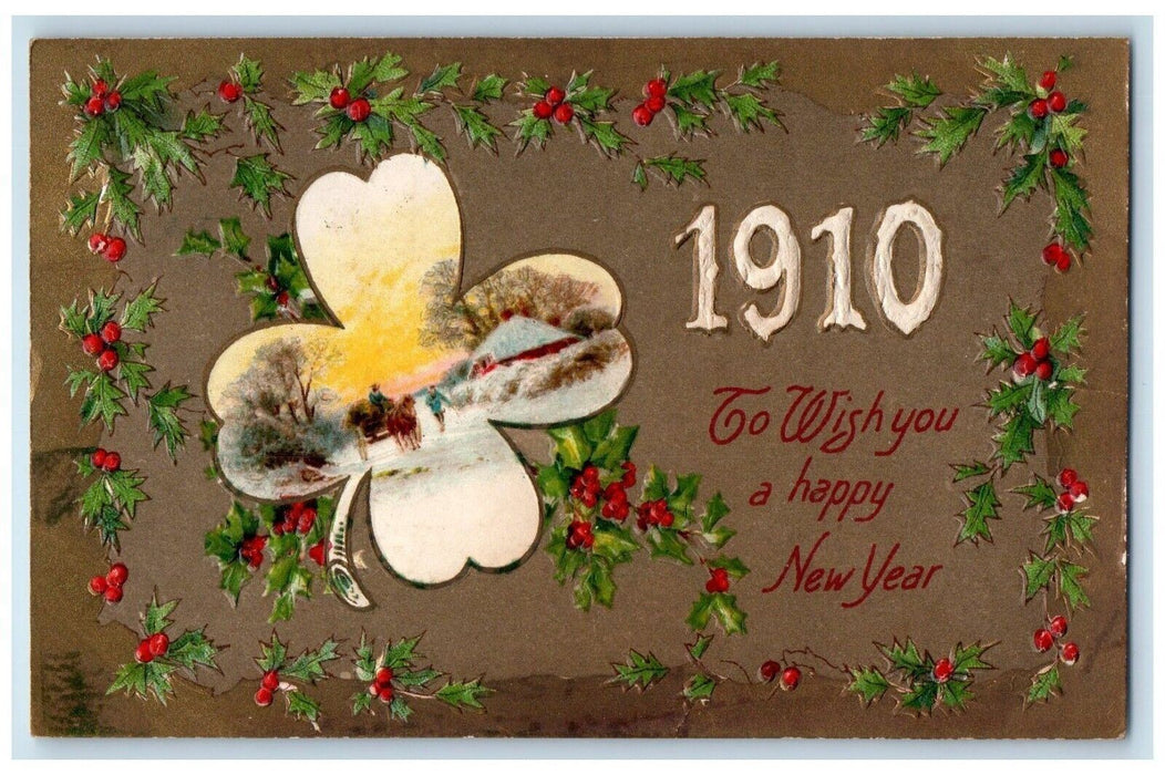 1910 New Year Holly Berries Shamrock Horse Carriage Winter Winsch Back Postcard