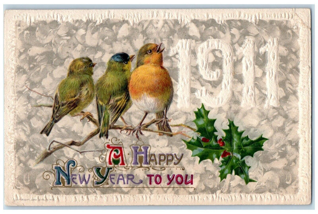 1910 New Year  Song Bird Holly Berries Winsch Back Embossed Findlay OH Postcard