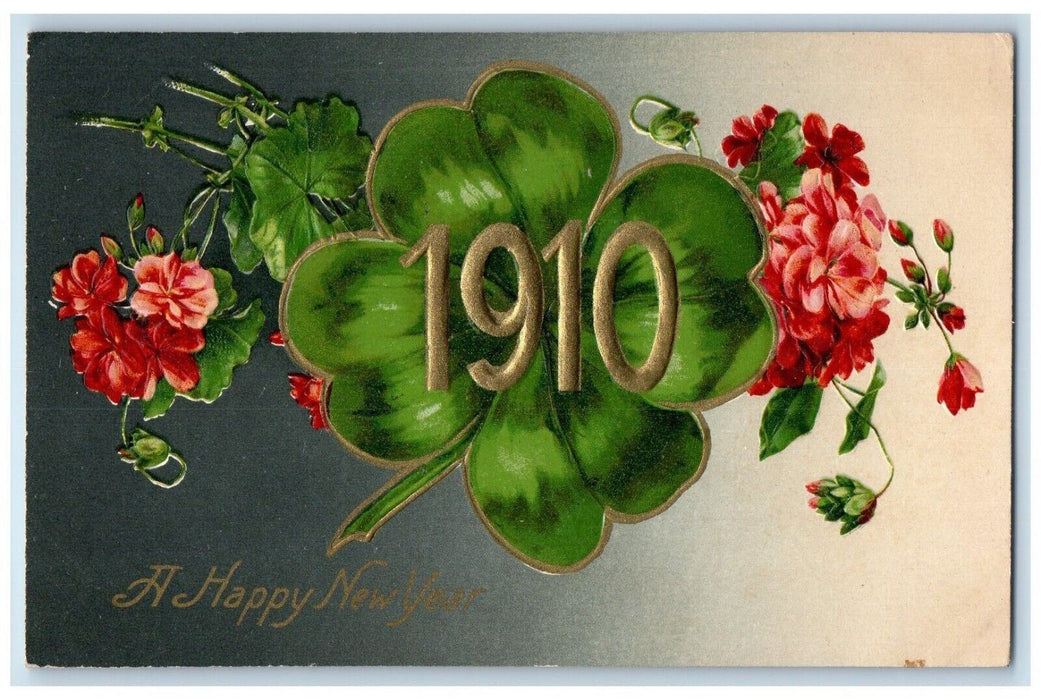 1910 Happy New Year Shamrock Flowers Winsch Back Embossed Antique Postcard