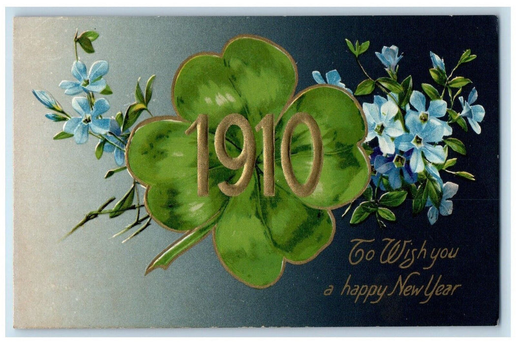 1910 Happy New Year Shamrock Flowers Winsch Back Embossed Manville IL Postcard