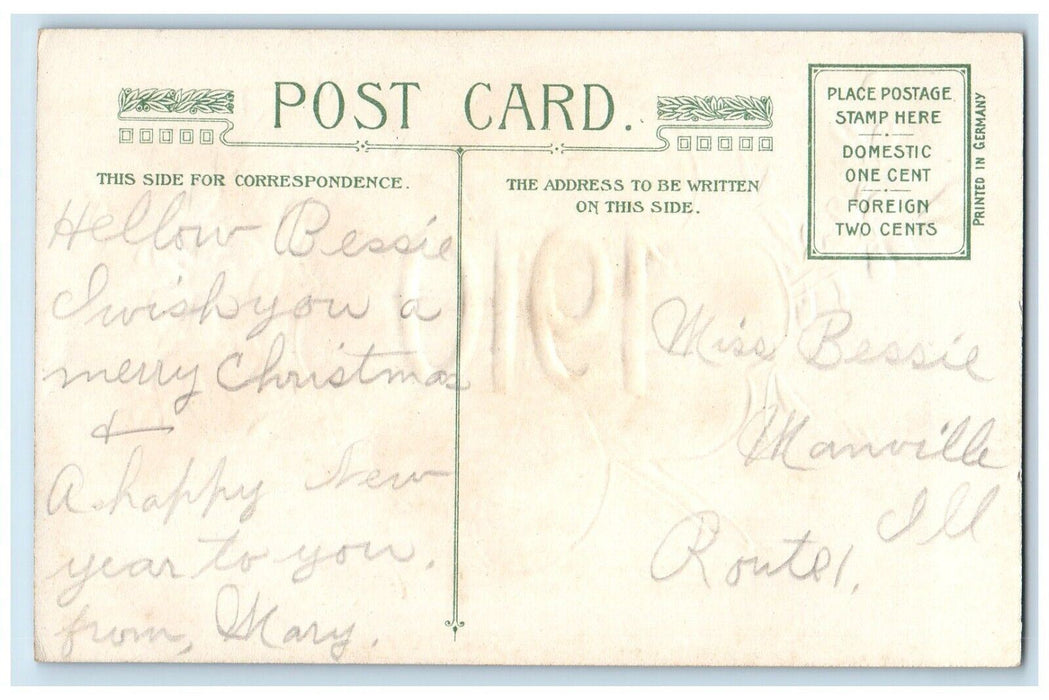 1910 Happy New Year Shamrock Flowers Winsch Back Embossed Manville IL Postcard