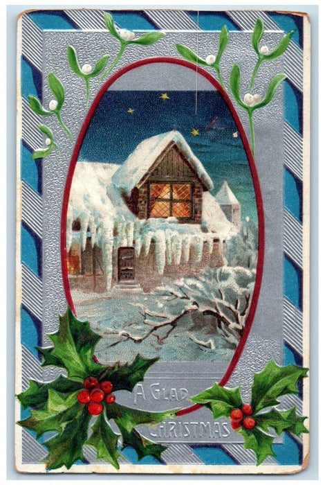 1907 Christmas Holly Berries House Winter Embossed Albany New York NY Postcard