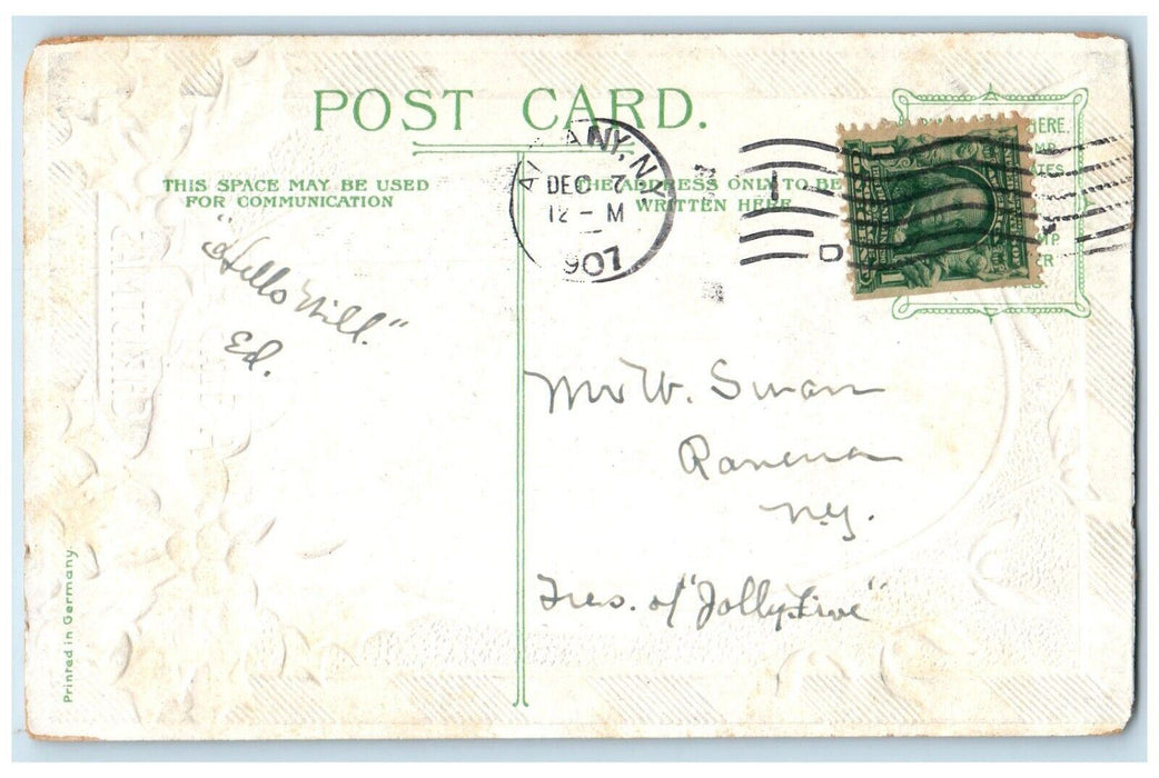 1907 Christmas Holly Berries House Winter Embossed Albany New York NY Postcard