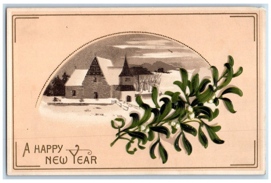 c1910's New Year Mistletoe Houses Winter Embossed Unposted Antique Postcard