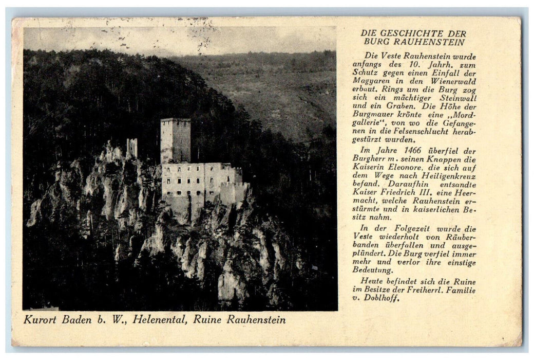 c1910 The History of Rauhenstein Castle Baden Bei Wien Austria Antique Postcard