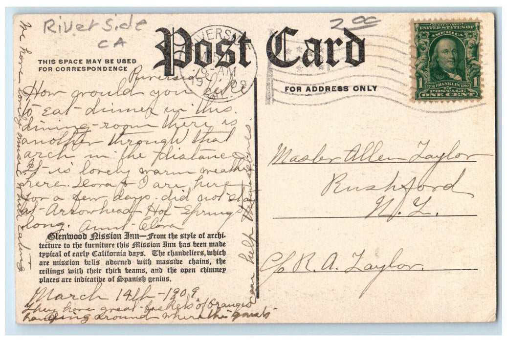 1909 Glenwood Mission Inn Dining Restaurant Riverside California CA Postcard