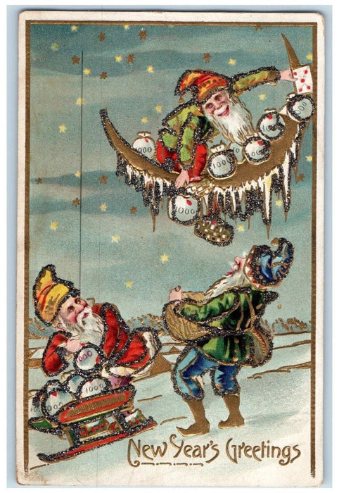 c1910's New Year Greetings Elves Gnomes Sled Sack Of Coins Cresent Moon Postcard