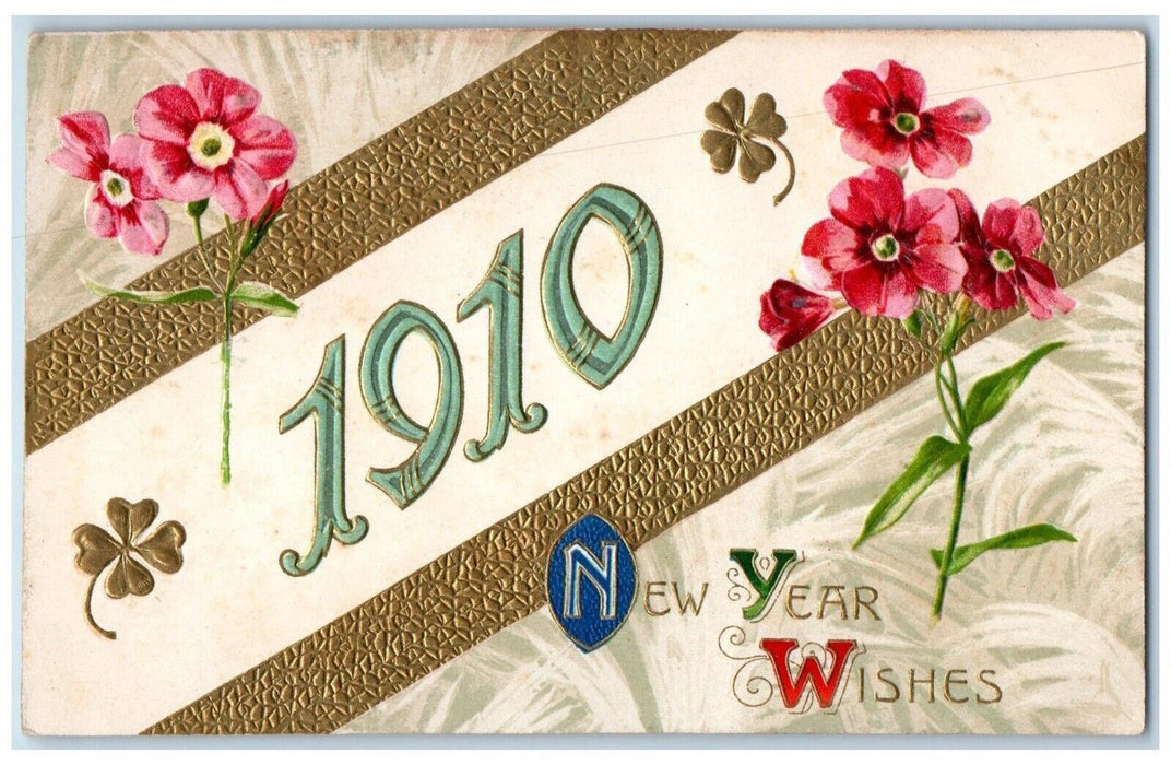 1910 New Year Wishes Pink Flowers Shamrock Winsch Back Embossed Antique Postcard