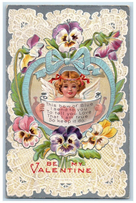 c1910's Valentine Angel Cherub Blue Bow Flowers Embossed Antique Postcard