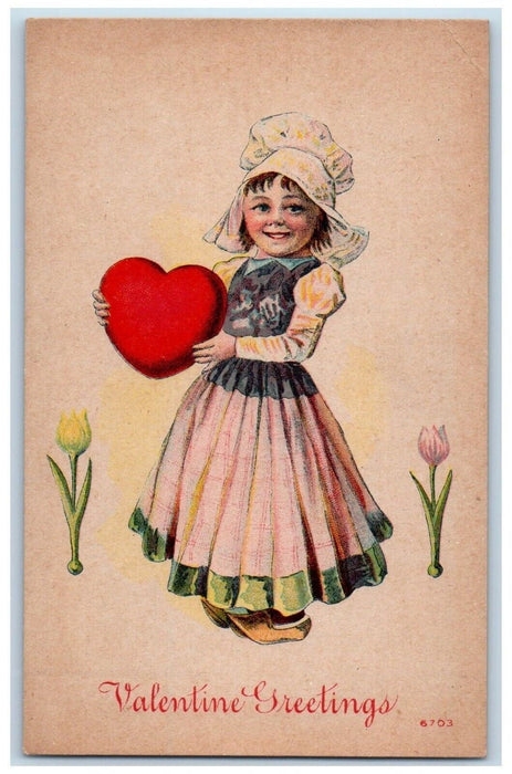 c1910's Valentine Greetings Dutch Girl Dress Heart Flowers Antique Postcard