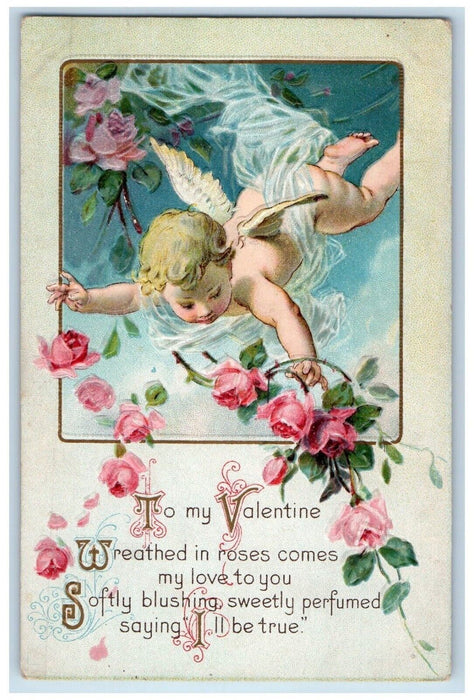 c1910's Valentine Cupid Angel Pink Flowers Roses Embossed Antique Postcard