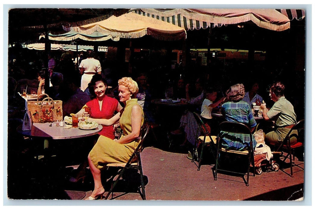 1974 Farmers Market Restaurant Umbrella Patio Los Angeles California CA Postcard