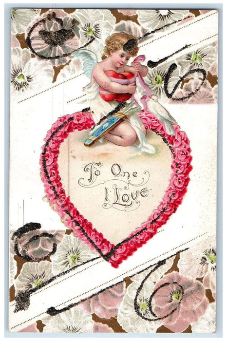 1909 Valentine Big Heart Flowers Cupid Angel Arrow Glitter Antique Postcard