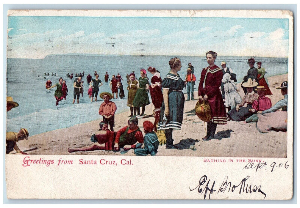 1906 Greetings From Santa Cruz California CA, Bathing In The Surf Postcard