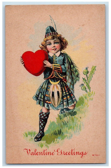 c1910's Valentine Greetings Girl Brown Hair Heart Unposted Antique Postcard