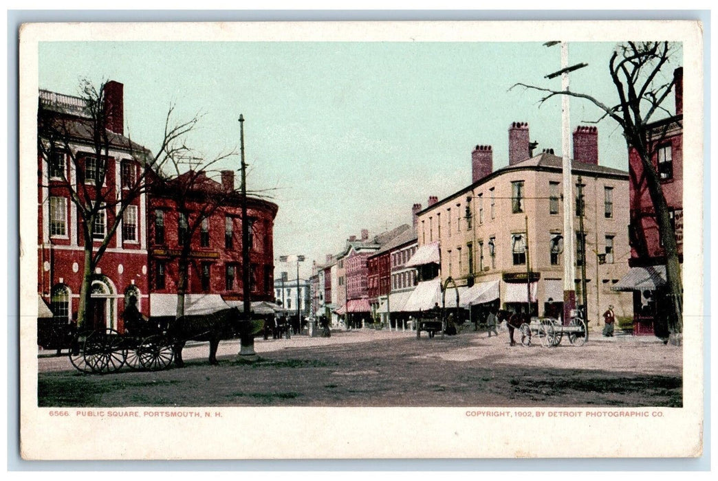 c1905 Public Square View Horse Wagon Dirt Road Building Portsmouth NH Postcard