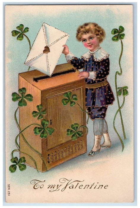 c1910's Valentine Girl Drop Letter Envelop Shamrock Clover Embossed Postcard