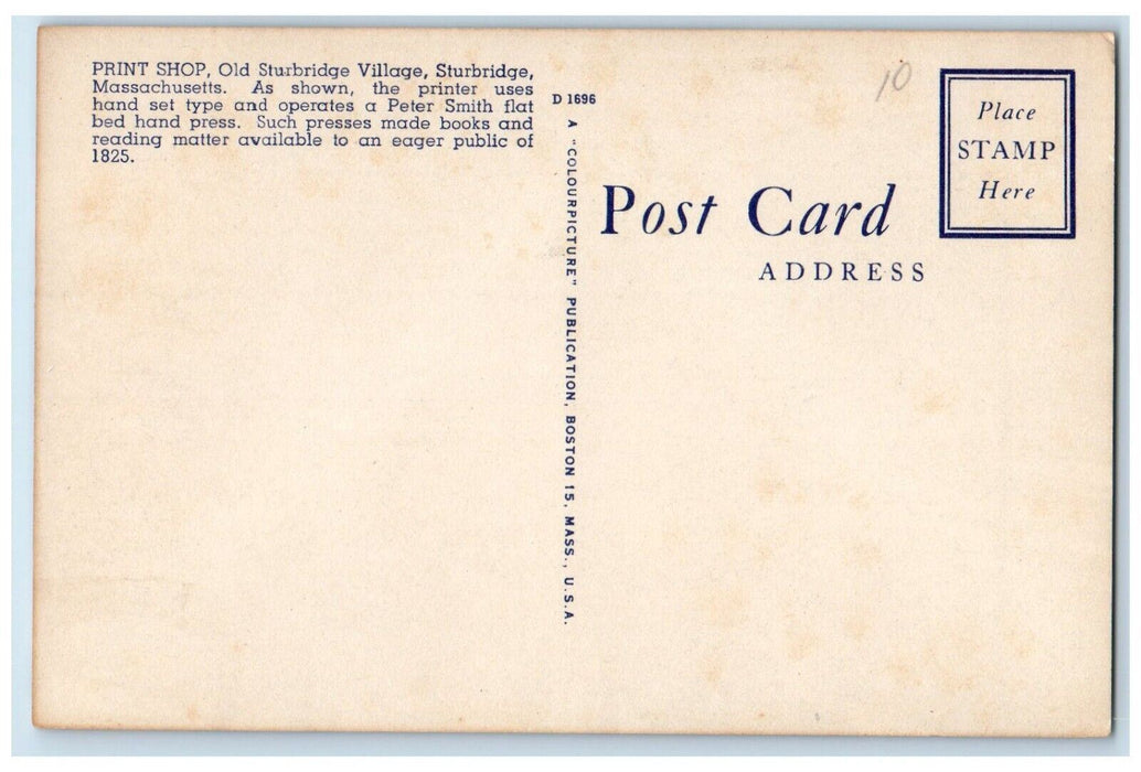 c1940 Print Shop Old Sturbridge Village Bed Hand Press Massachusetts MA Postcard