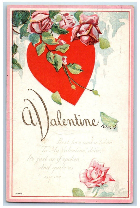 1921 Valentine Heart Flowers Pink Roses Embossed Posted Antique Postcard