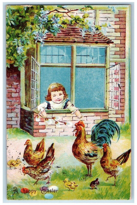 1909 Easter Girl In Window Rooster Chicken Hen Egg Gladstone MI Antique Postcard
