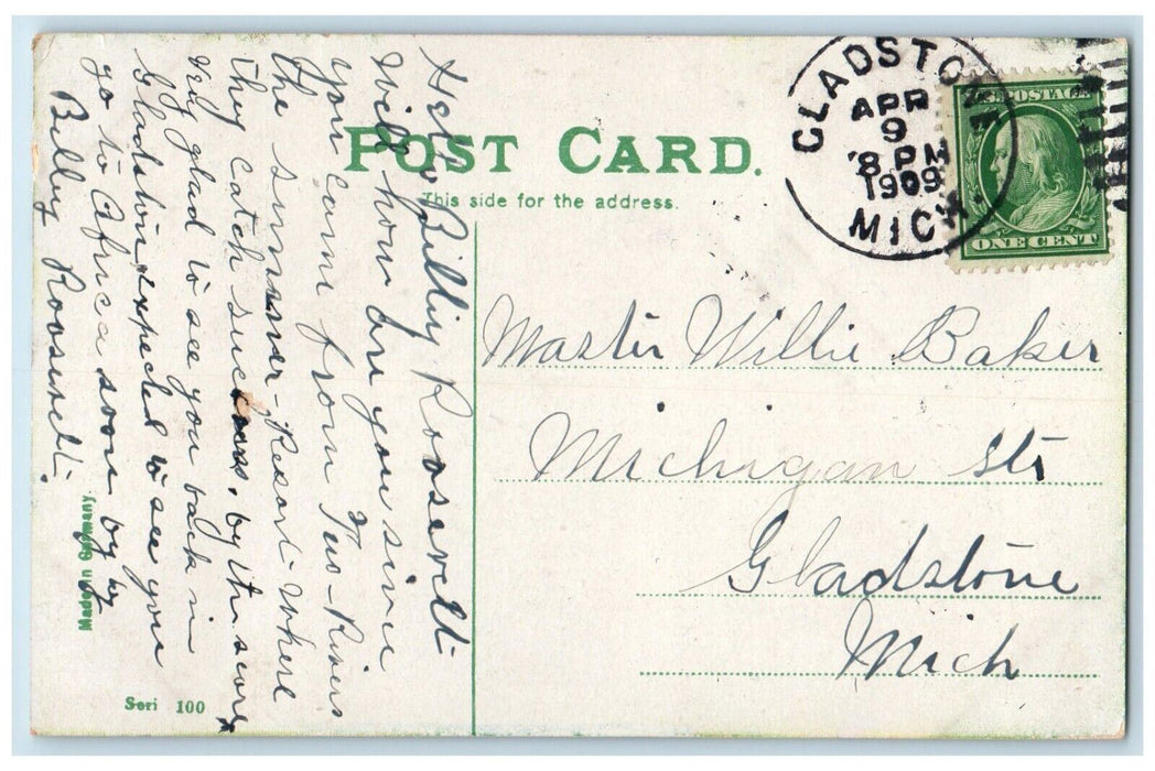 1909 Easter Girl In Window Rooster Chicken Hen Egg Gladstone MI Antique Postcard