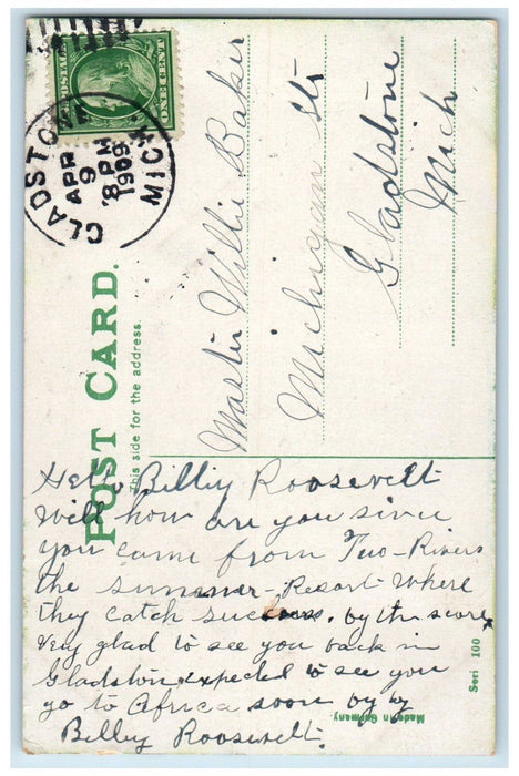 1909 Easter Girl In Window Rooster Chicken Hen Egg Gladstone MI Antique Postcard