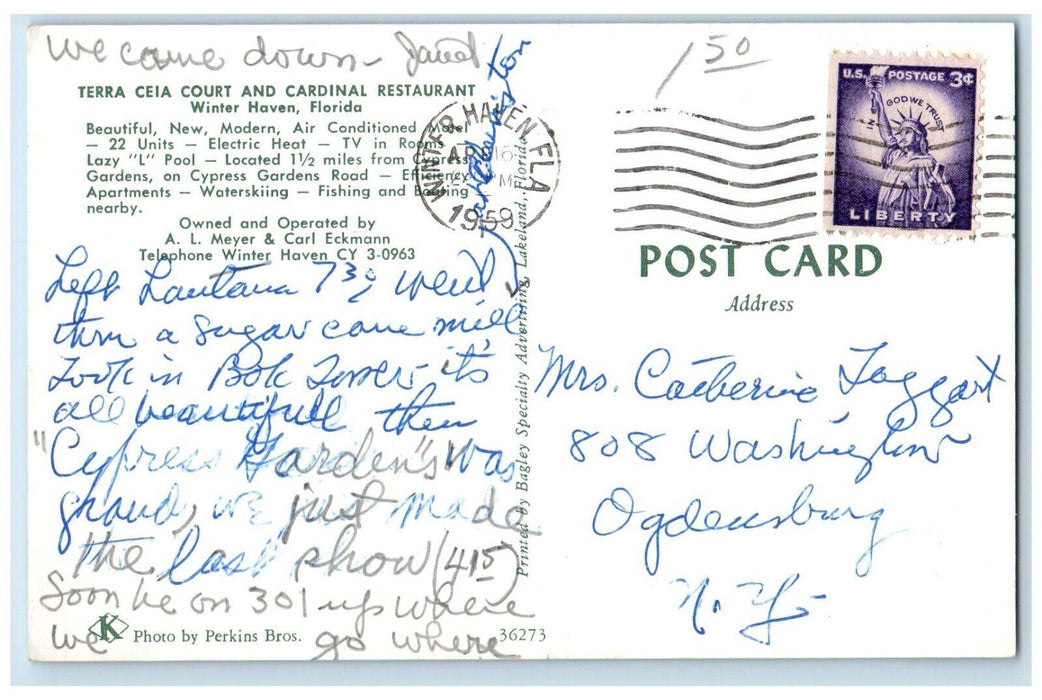 1959 Terra Ceia Court And Cardinal Restaurant Pool Winter Haven FL Postcard