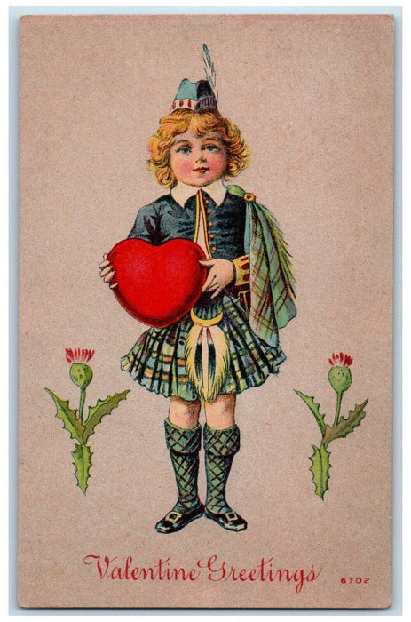 c1910's Valentine Greetings Girl Brown Curly Hair Heart Flower Antique Postcard
