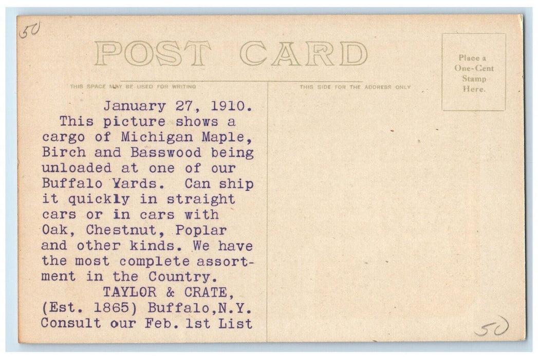 1909 Six Acres Michigan Hardwoods Taylor Crate's Austin Street Yard NY Postcard
