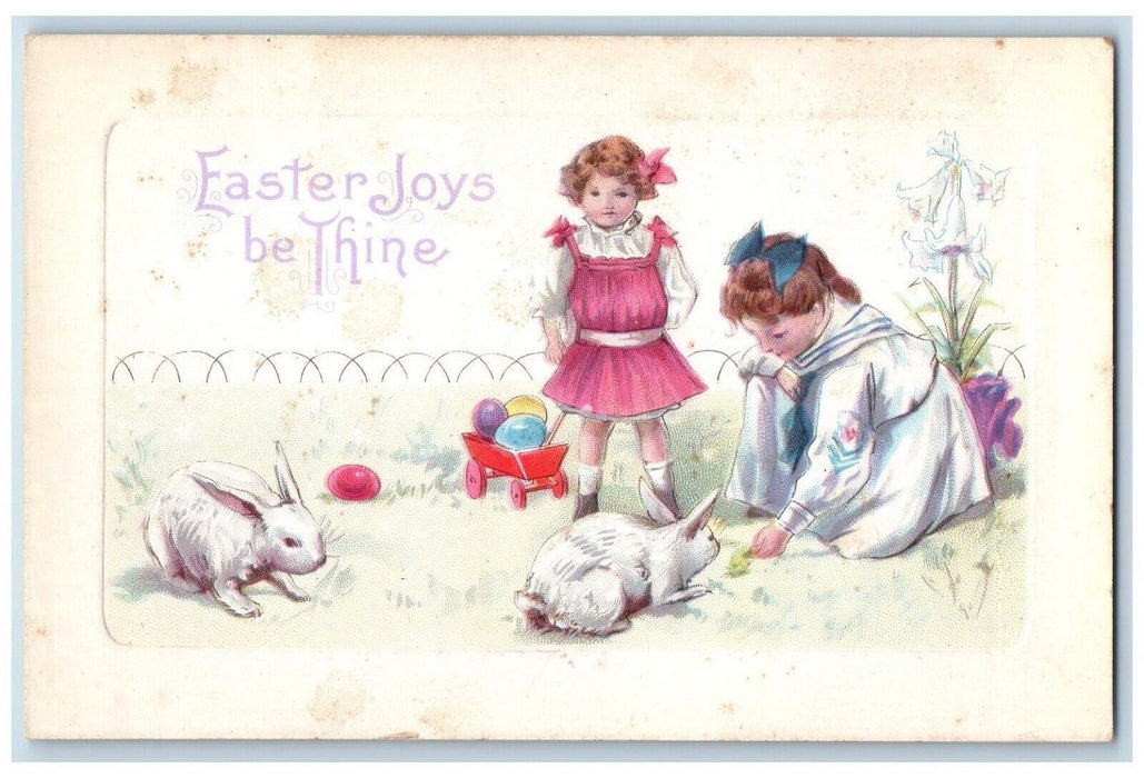 c1910's Easter Girls Bunny Rabbits Eggs Cart Toy Embossed Antique Postcard
